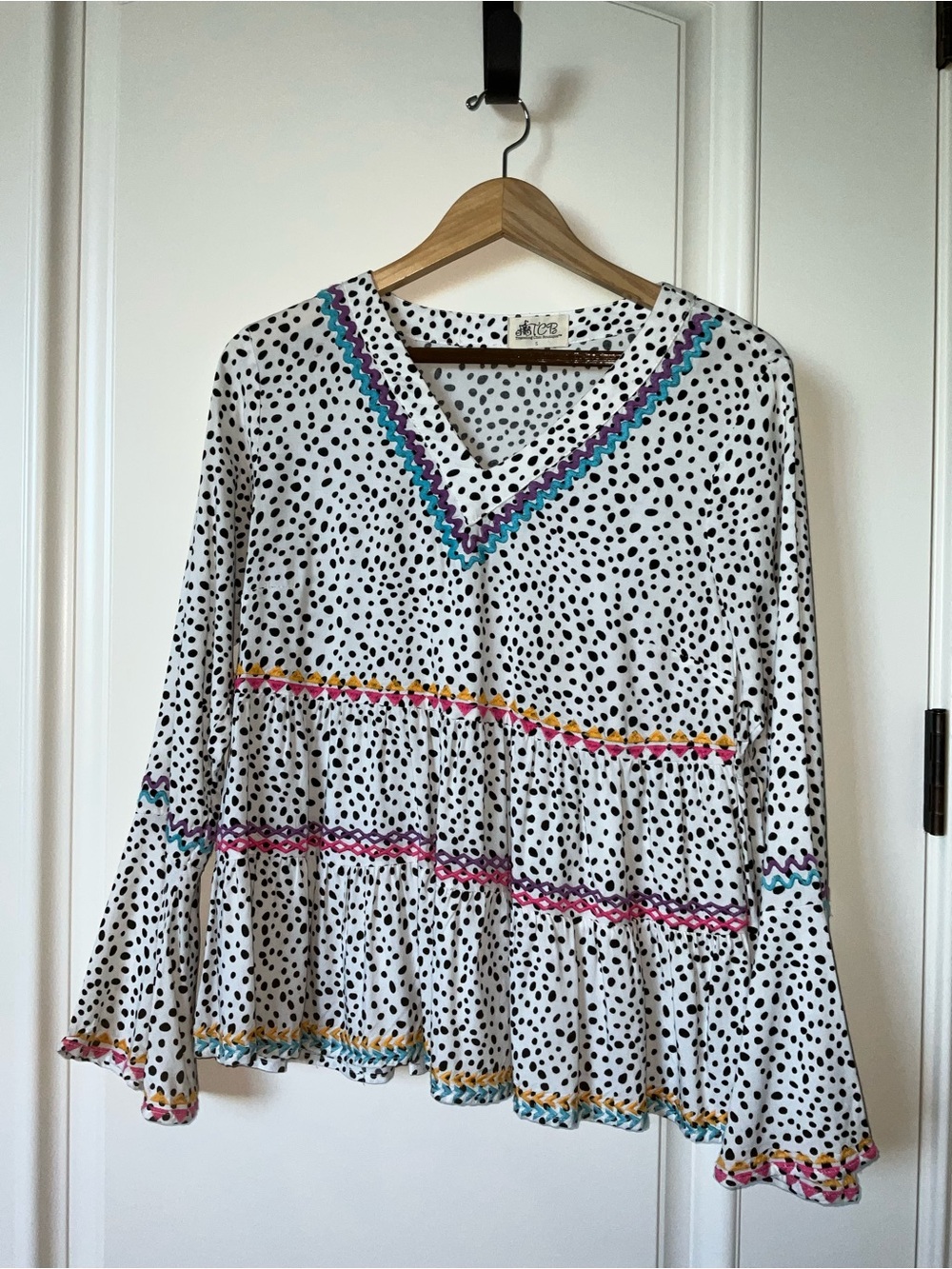 Zambia Polka Dot V-Neck Tiered Tunic with Multicolor Trim